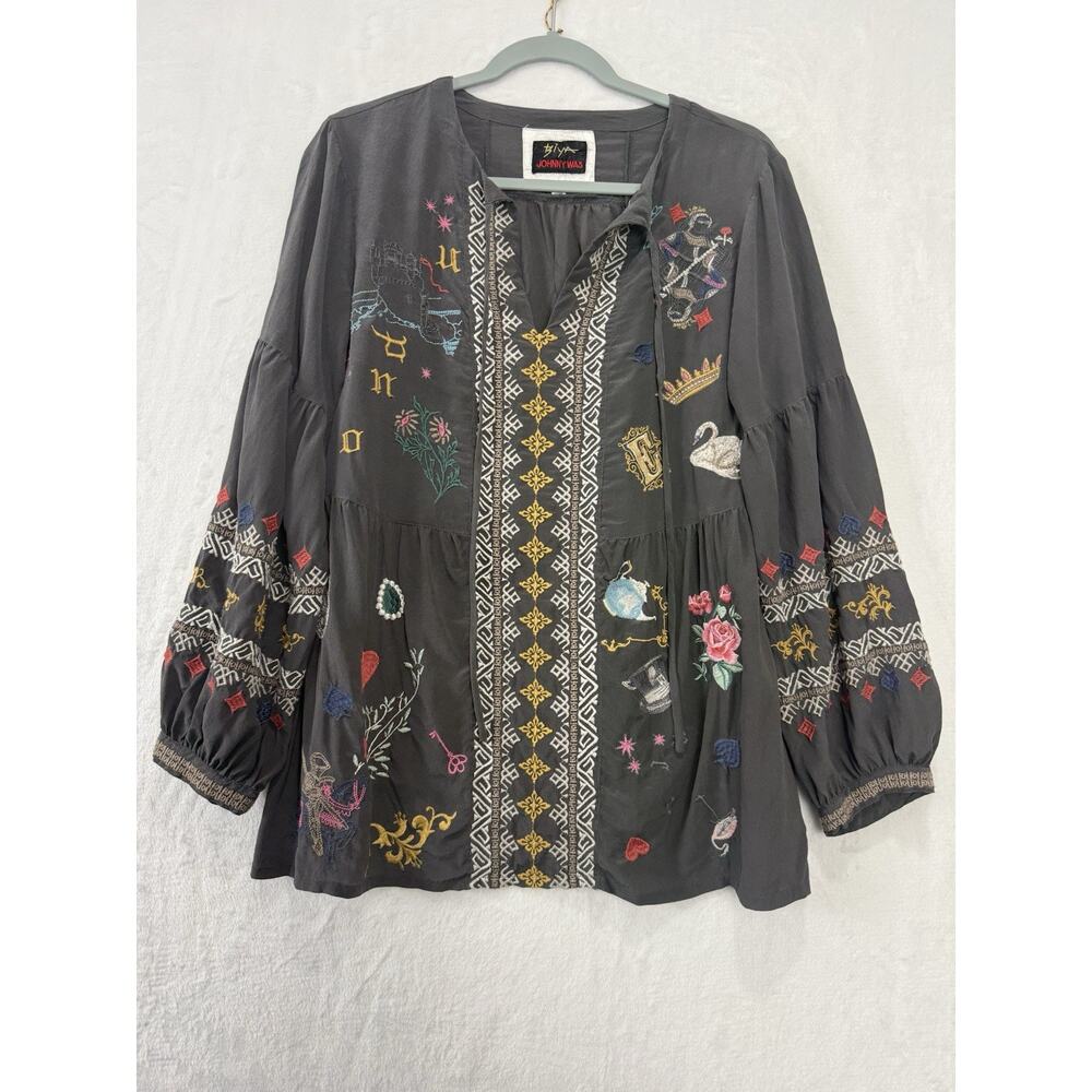 Johnny Was Biya Embroidered Blouse Top 100% Silk Colorful Boho Size Medium